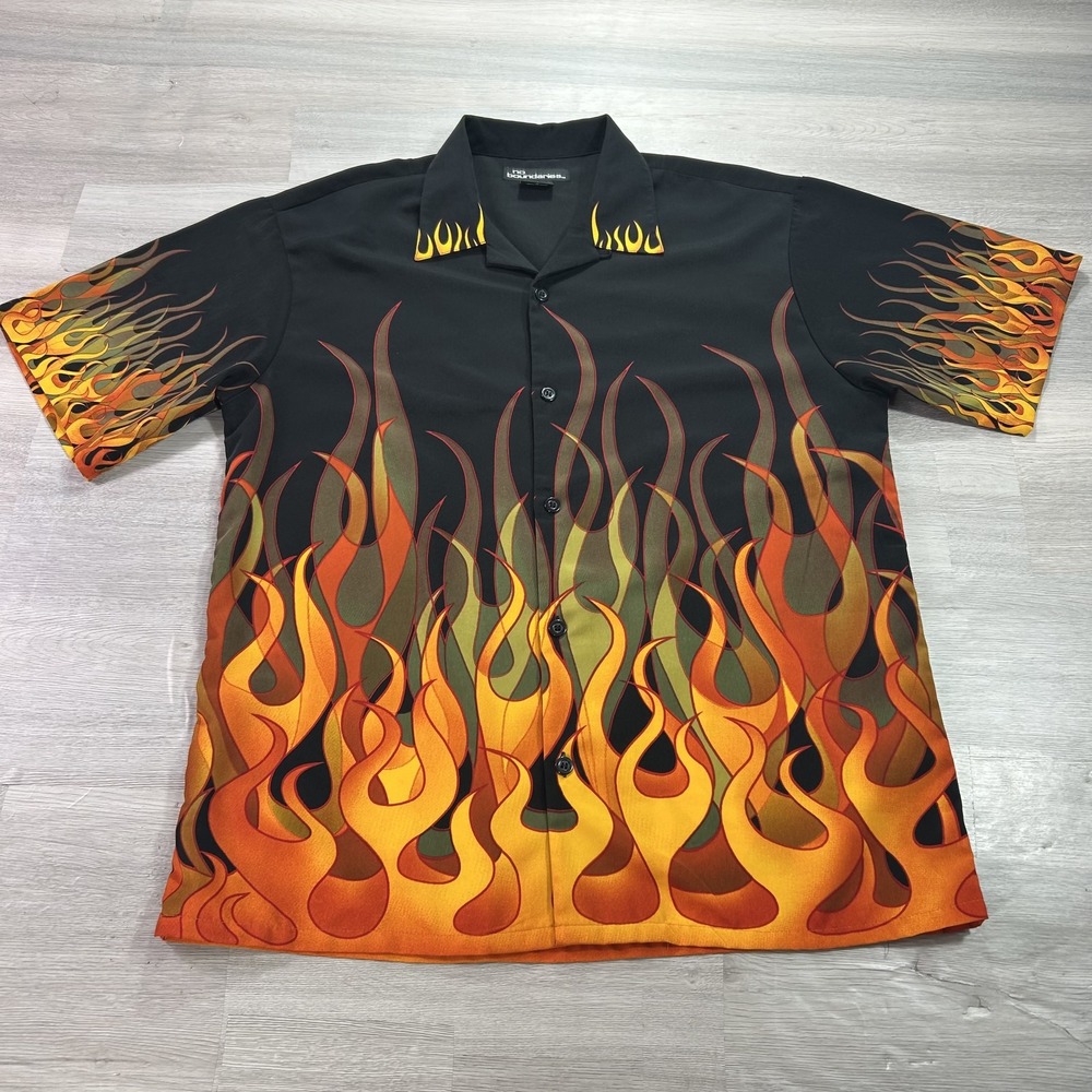 No Boundaries Shirt Mens Medium Black Flame Hot Rod Short Sleeve Button Up